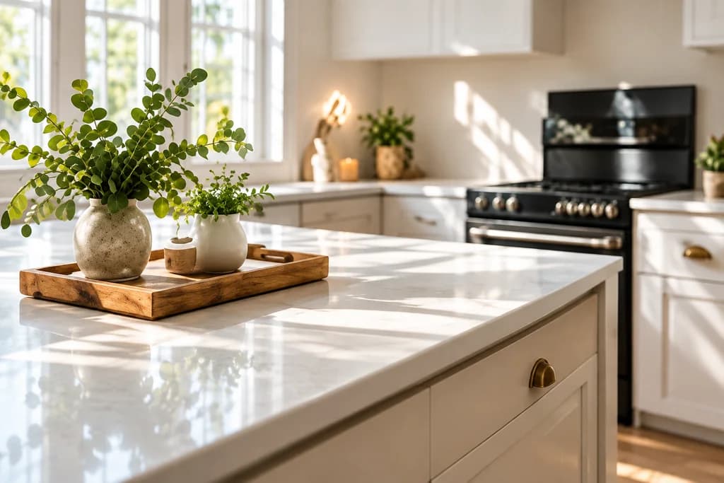 A sunlit kitchen counter with a wooden tray of fresh herbs