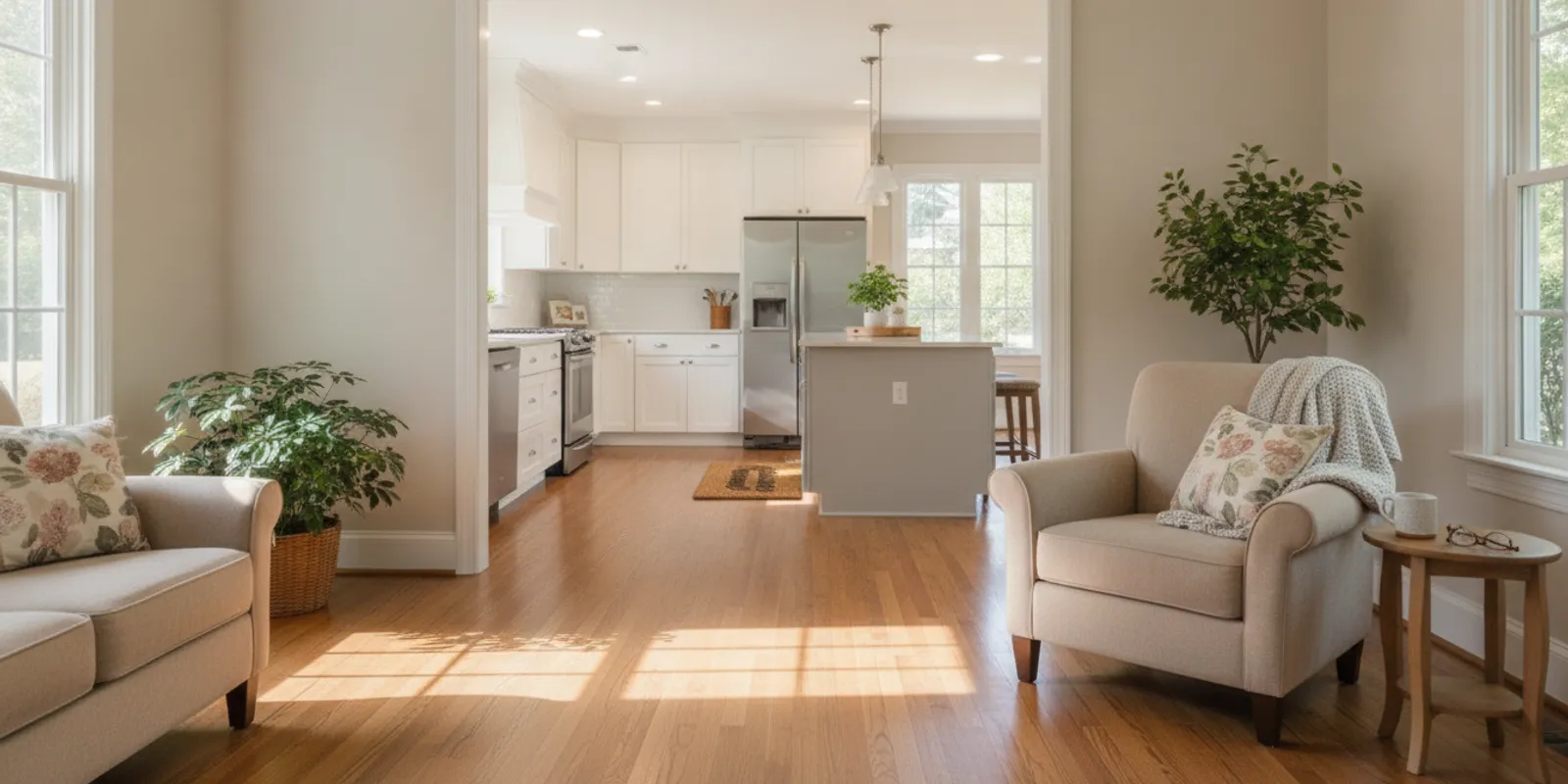 Bright, tidy living room with a clear walking path and welcoming chair