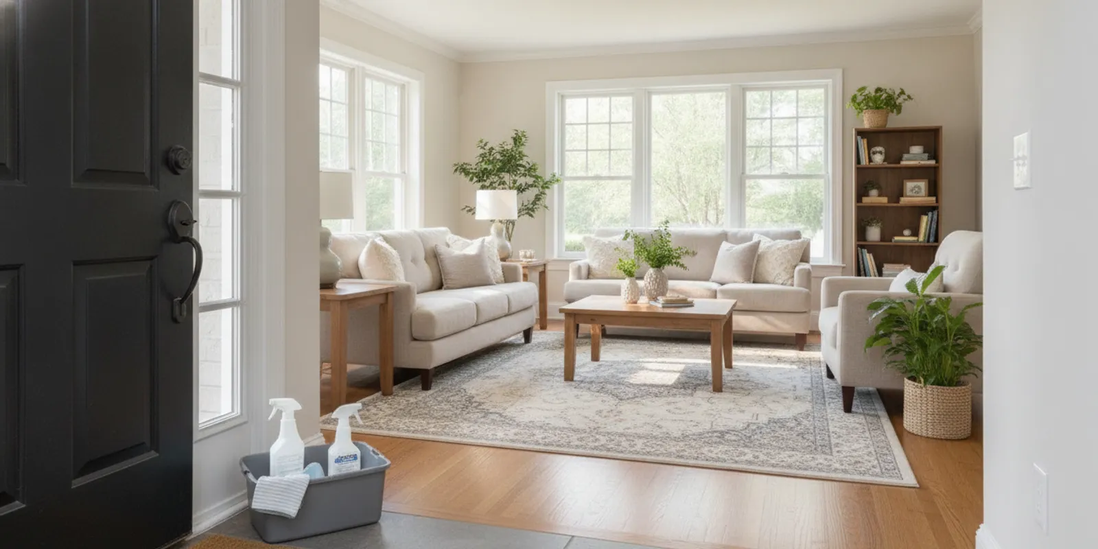 A bright, tidy living room prepared for a house cleaning visit