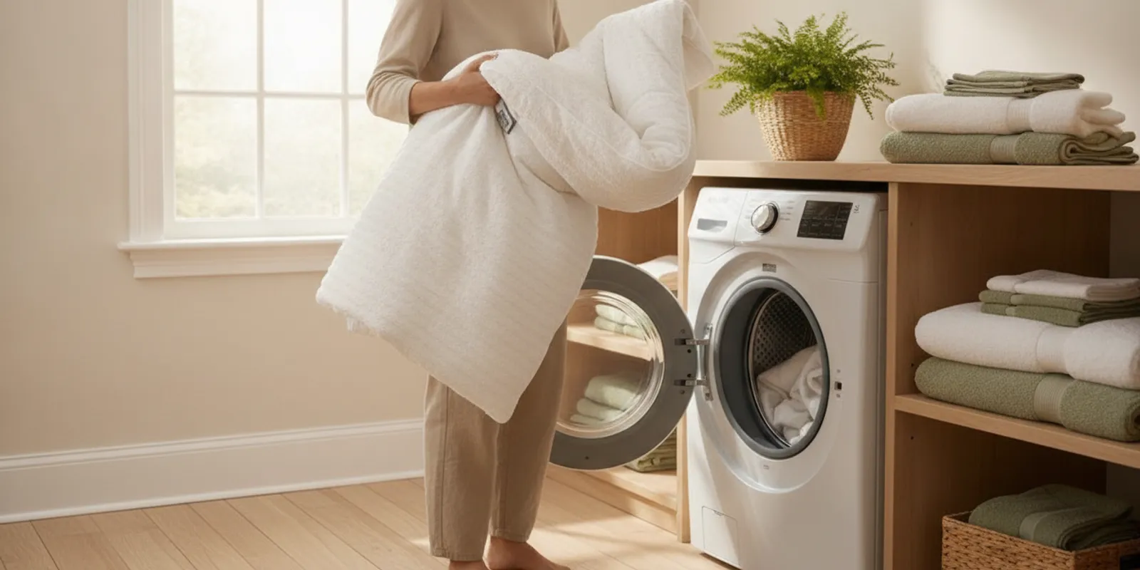A neatly arranged duvet being checked beside a washing machine in a bright, tidy laundry room
