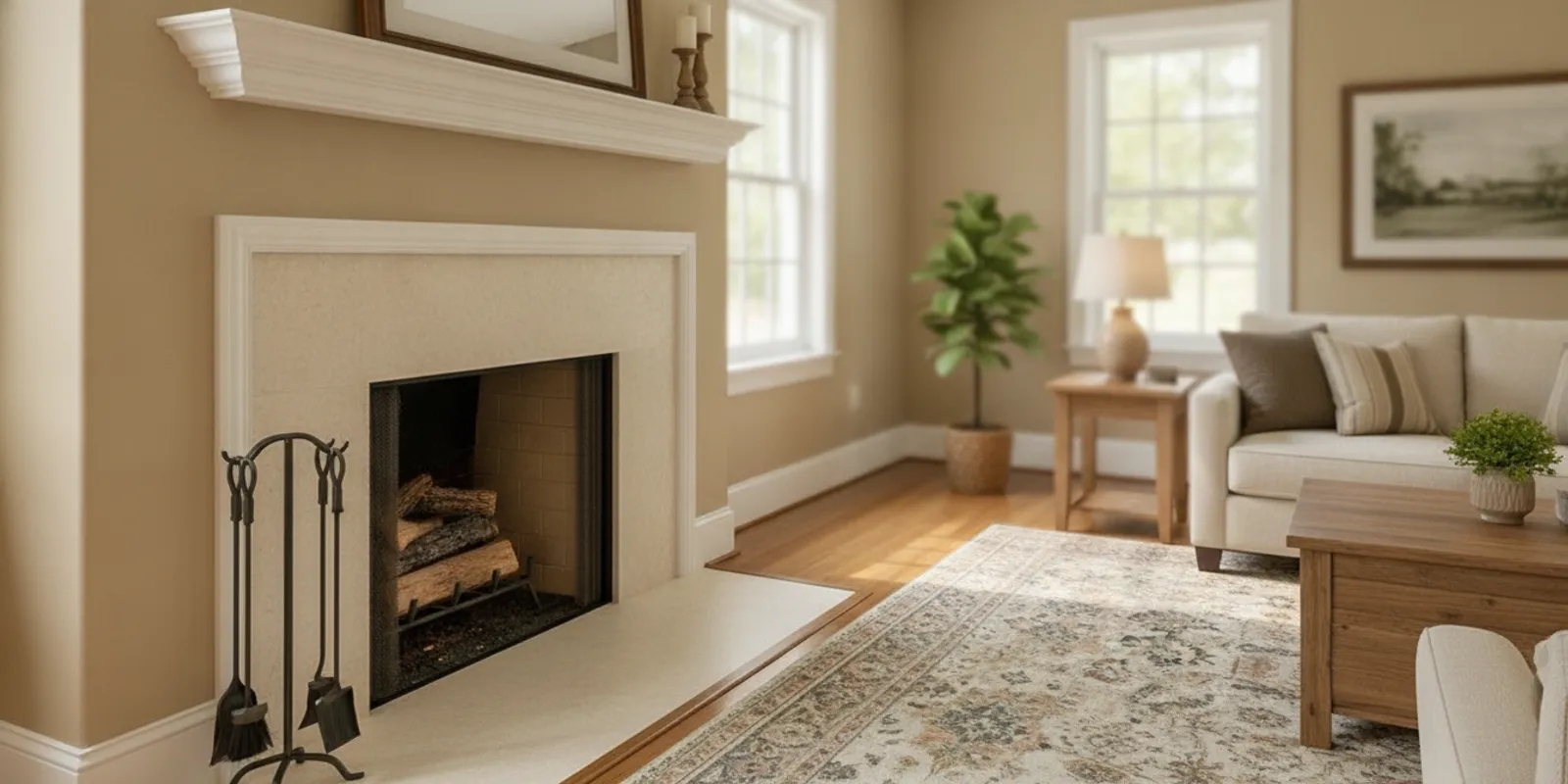 A clean, unlit living-room fireplace with a tidy hearth and tools set aside
