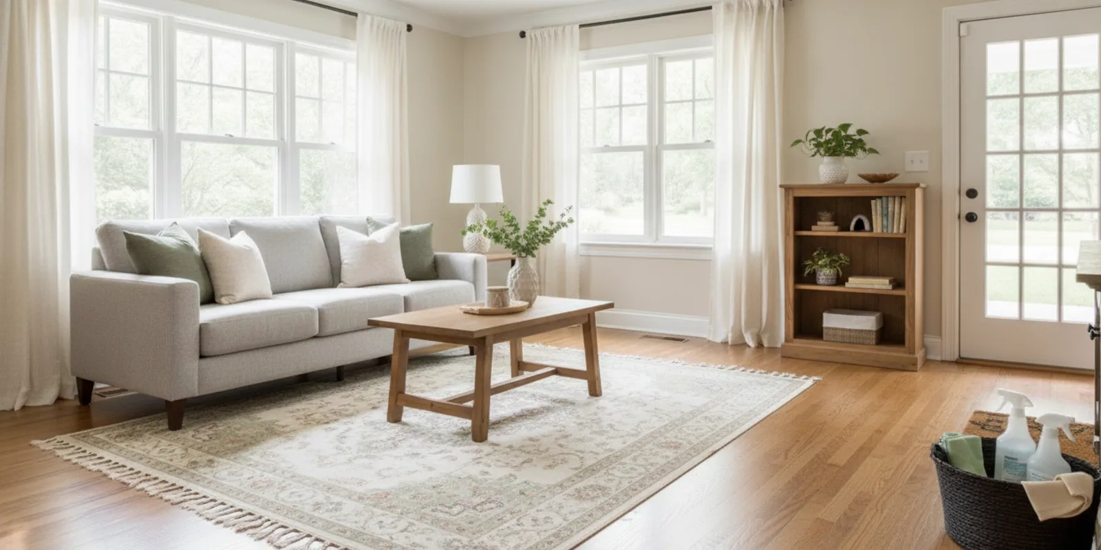 Bright, tidy home living room prepared for professional cleaning