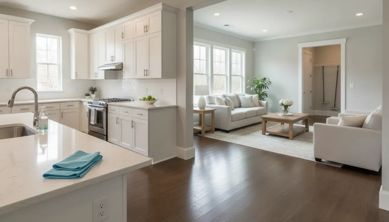 Clean kitchen and living area after professional home cleaning near Atlanta.