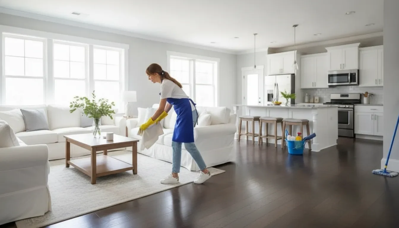 Professional cleaner preparing a bright Atlanta home for a fresh, comfortable space.
