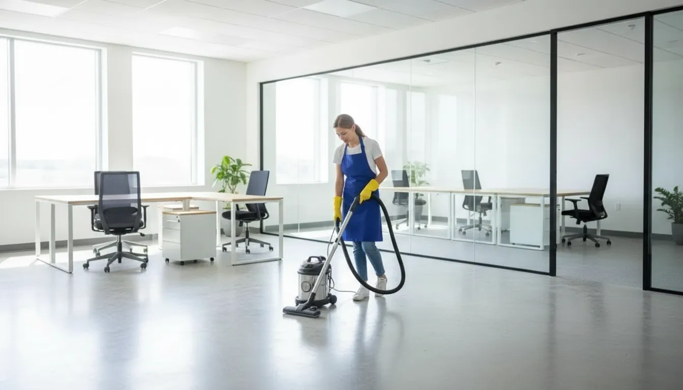 Professional cleaner vacuuming a finished commercial workspace after construction cleaning services