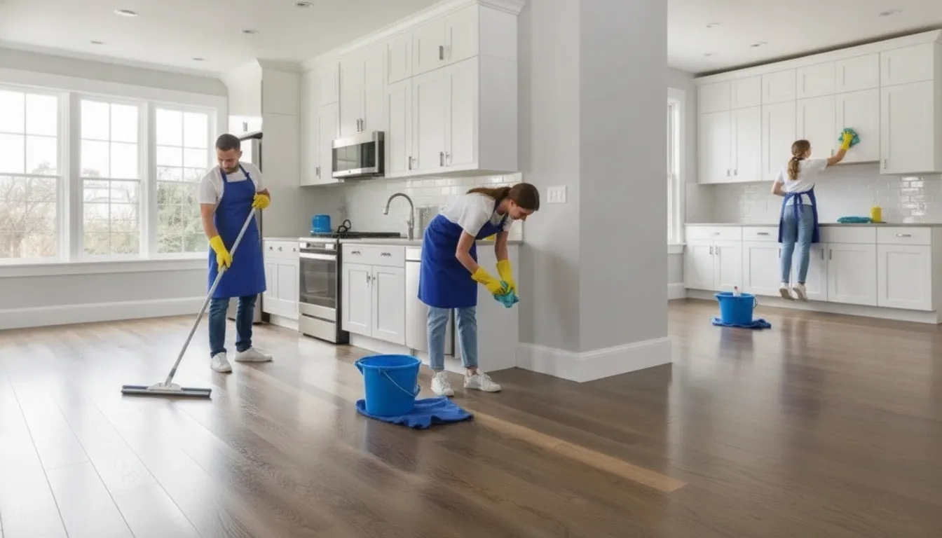 Cleaner detailing cabinetry, trim, and flooring during construction cleaning services