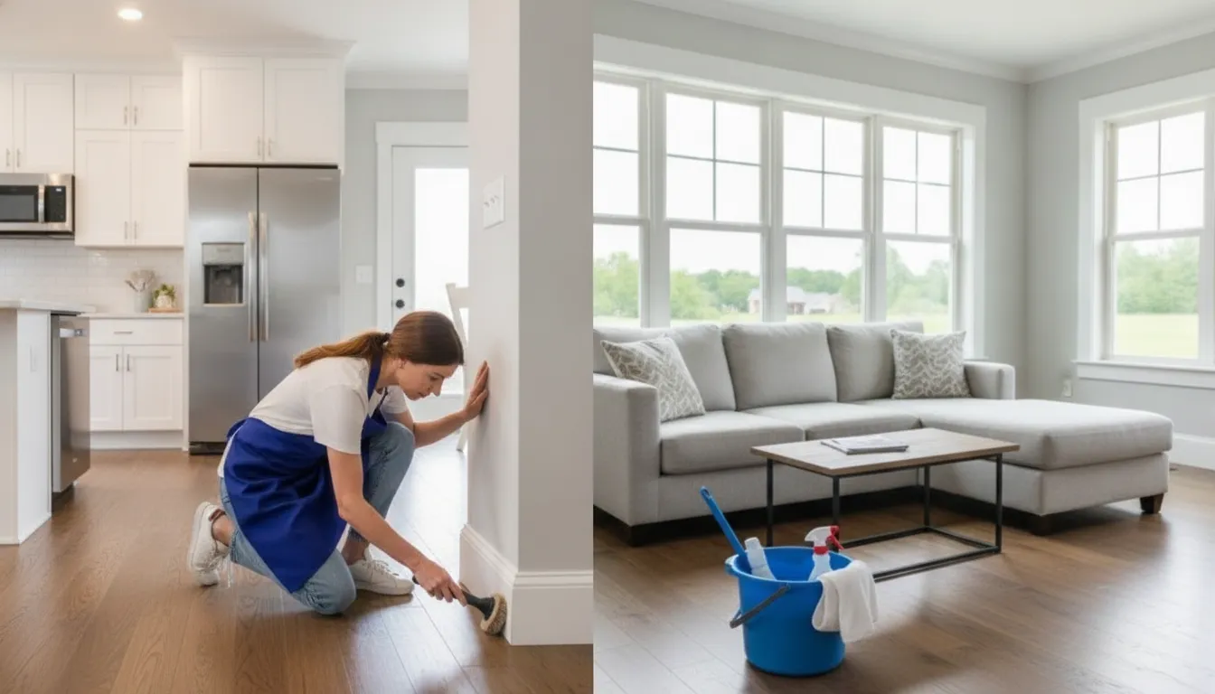 Cleaner giving detailed attention to baseboards in a bright home