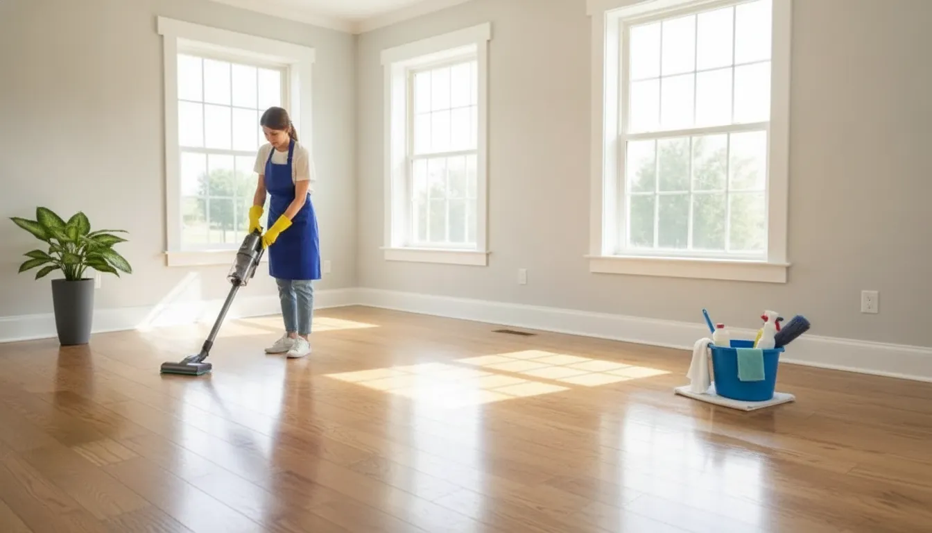 Completed move-out clean with empty, freshly mopped floors ready for a new tenant