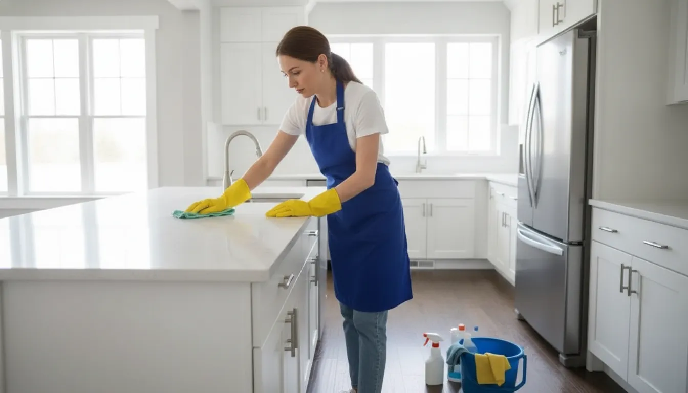 Professional cleaner wiping kitchen counters and cabinet fronts during a move-out clean