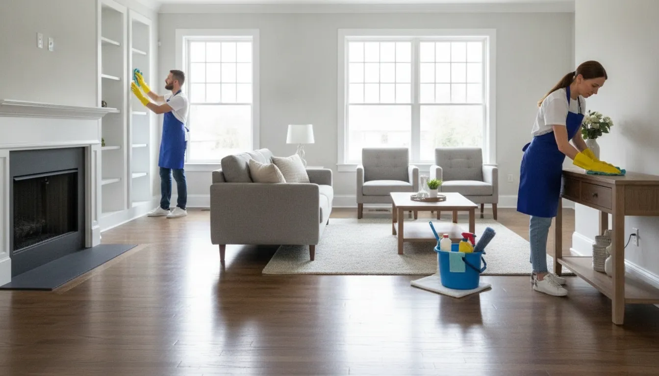 Professional cleaner polishing a bright, staged living room before a North Metro Atlanta listing open house