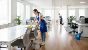 Professional cleaners working in a bright North Metro Atlanta office workspace