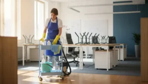Professional cleaner organizing a bright small business office workspace