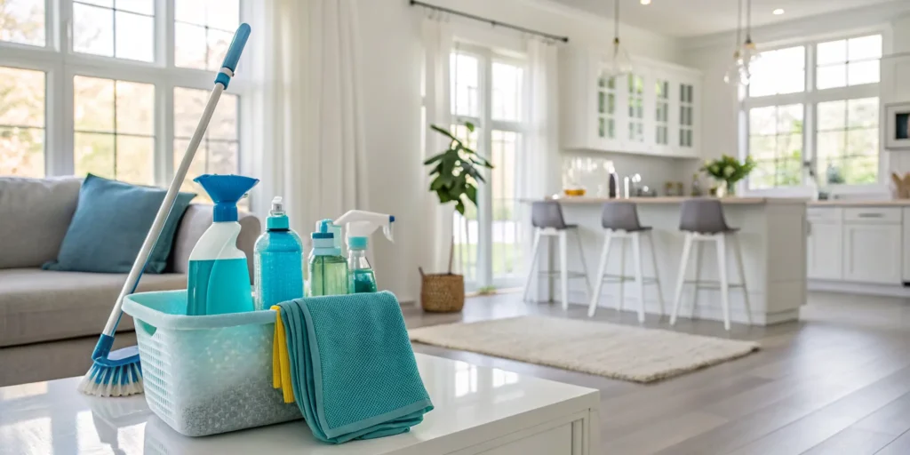 Professional house cleaning company supplies in a bright, modern home.