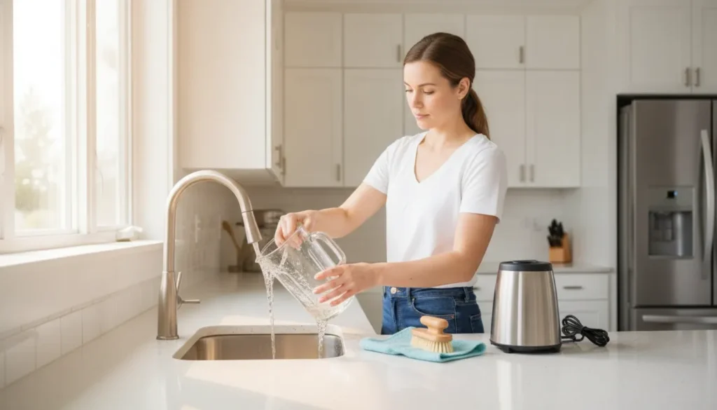 Professional cleaner rinsing a blender jar in a bright home kitchen