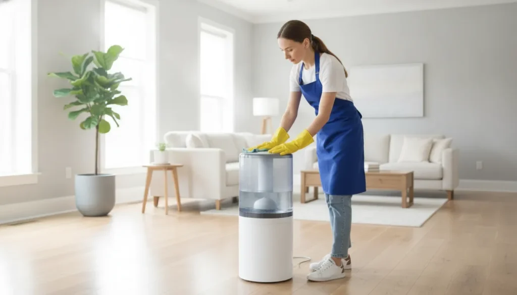 Professional cleaner wiping a humidifier in a bright home