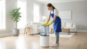 Professional cleaner wiping a humidifier in a bright home