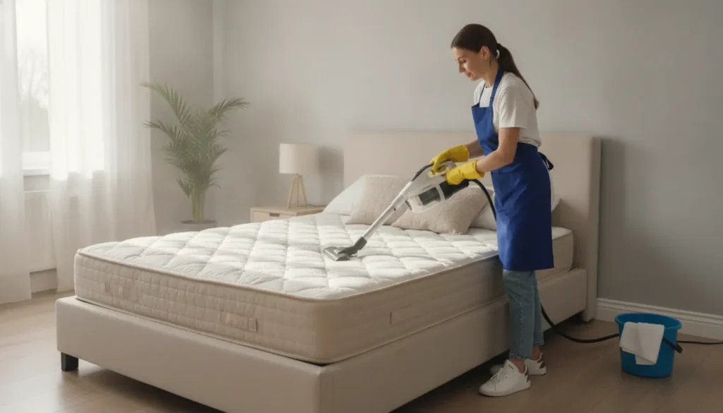Bright bedroom with a clean mattress and professional cleaning tools