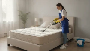 Bright bedroom with a clean mattress and professional cleaning tools