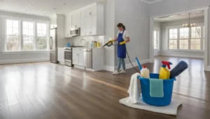 Professional cleaner preparing an empty home for move-out handoff